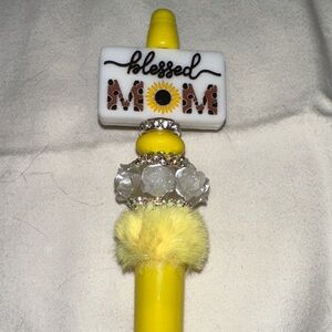 Yellow 'Blessed Mom' Handmade Pen with Floral Accents